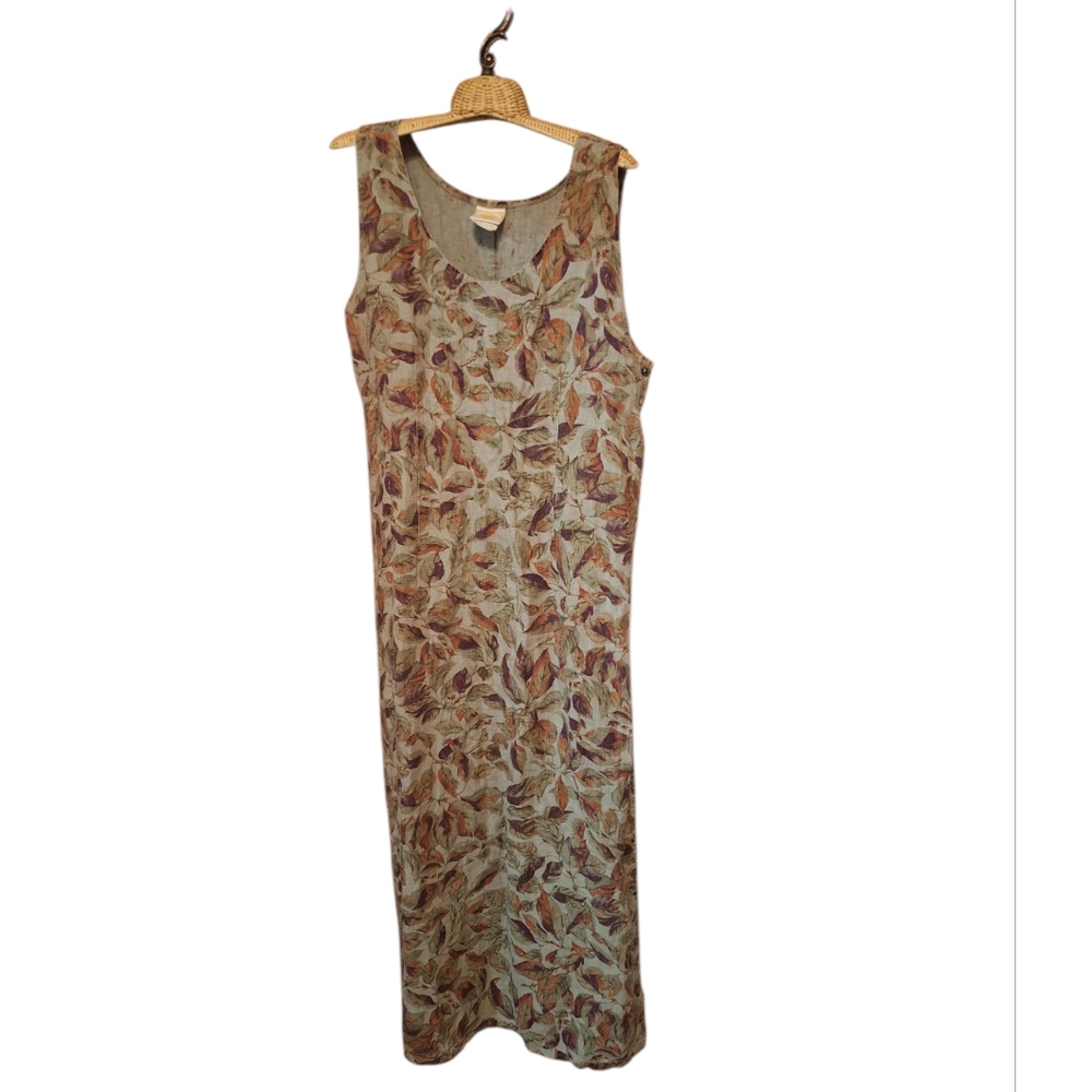 Tom Tom Vintage Dress Womens Large Green Linen Maxi Leaves Buttons Sleeveless